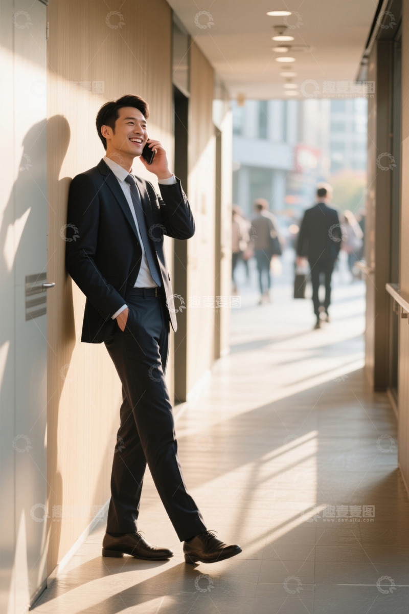 高清大图下载【趣麦麦图】西装男士商务电话阳光走廊