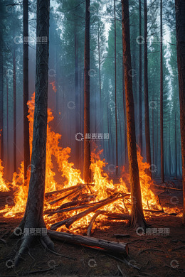 森林中熊熊燃烧的野火场景