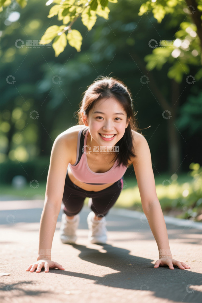 高清大图下载【趣麦麦图】阳光下女孩做平板支撑运动