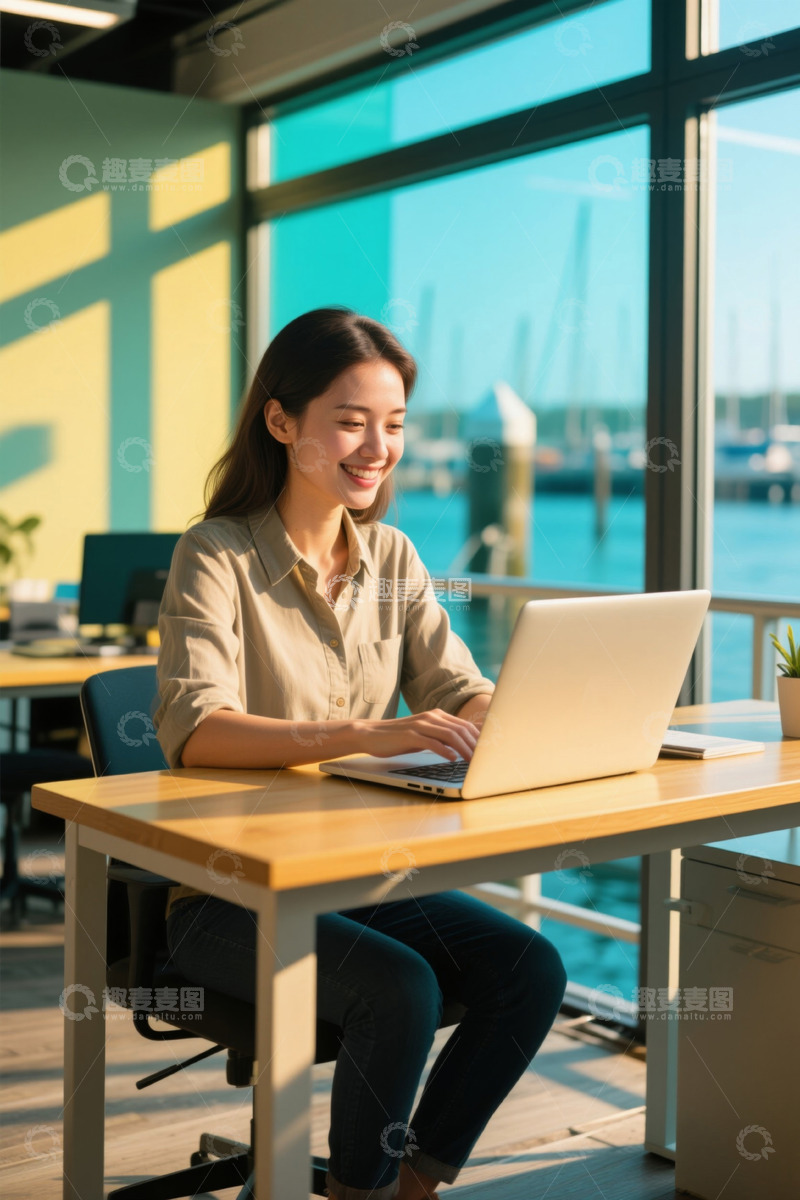 高清大图下载【趣麦麦图】阳光洒进办公室年轻女子专注工作