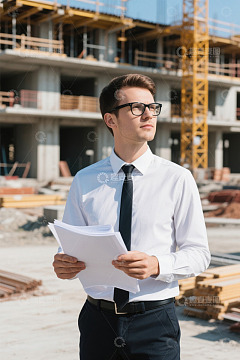 年轻建筑师工地看图纸