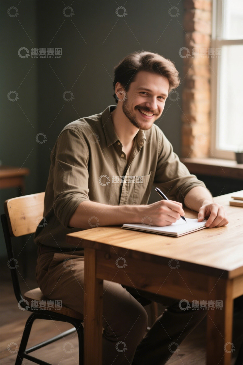 高清大图下载【趣麦麦图】青年男子室内写字专注认真