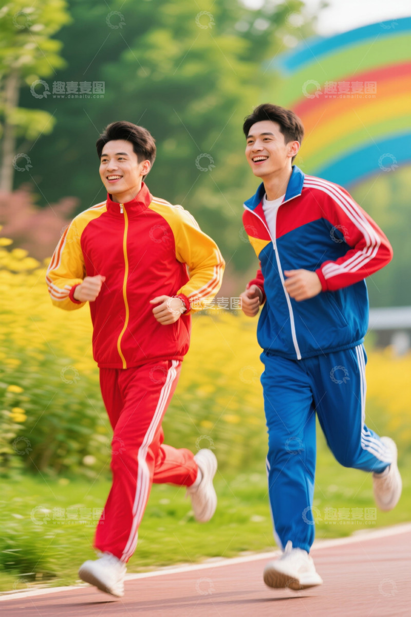 高清大图下载【趣麦麦图】两个年轻人公园跑步运动
