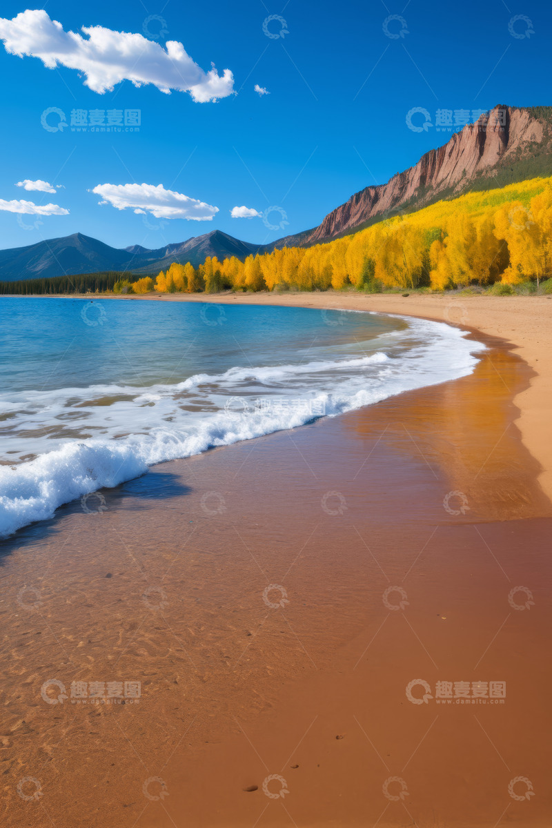 高清大图下载【趣麦麦图】湖边沙滩与金黄树林风景