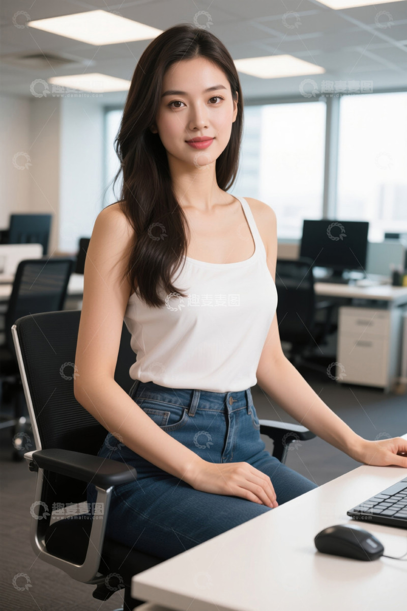 高清大图下载【趣麦麦图】年轻女子办公室电脑前工作