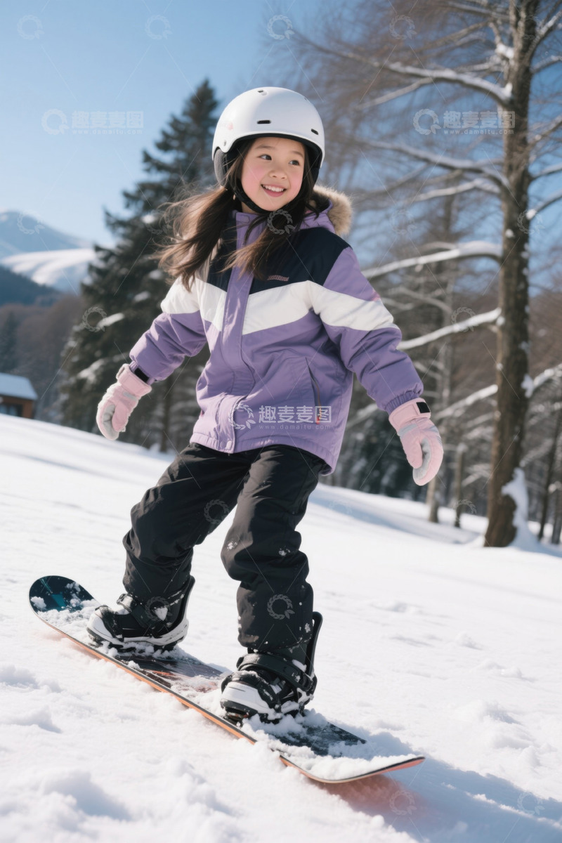 高清大图下载【趣麦麦图】快乐女孩雪地玩耍滑雪板