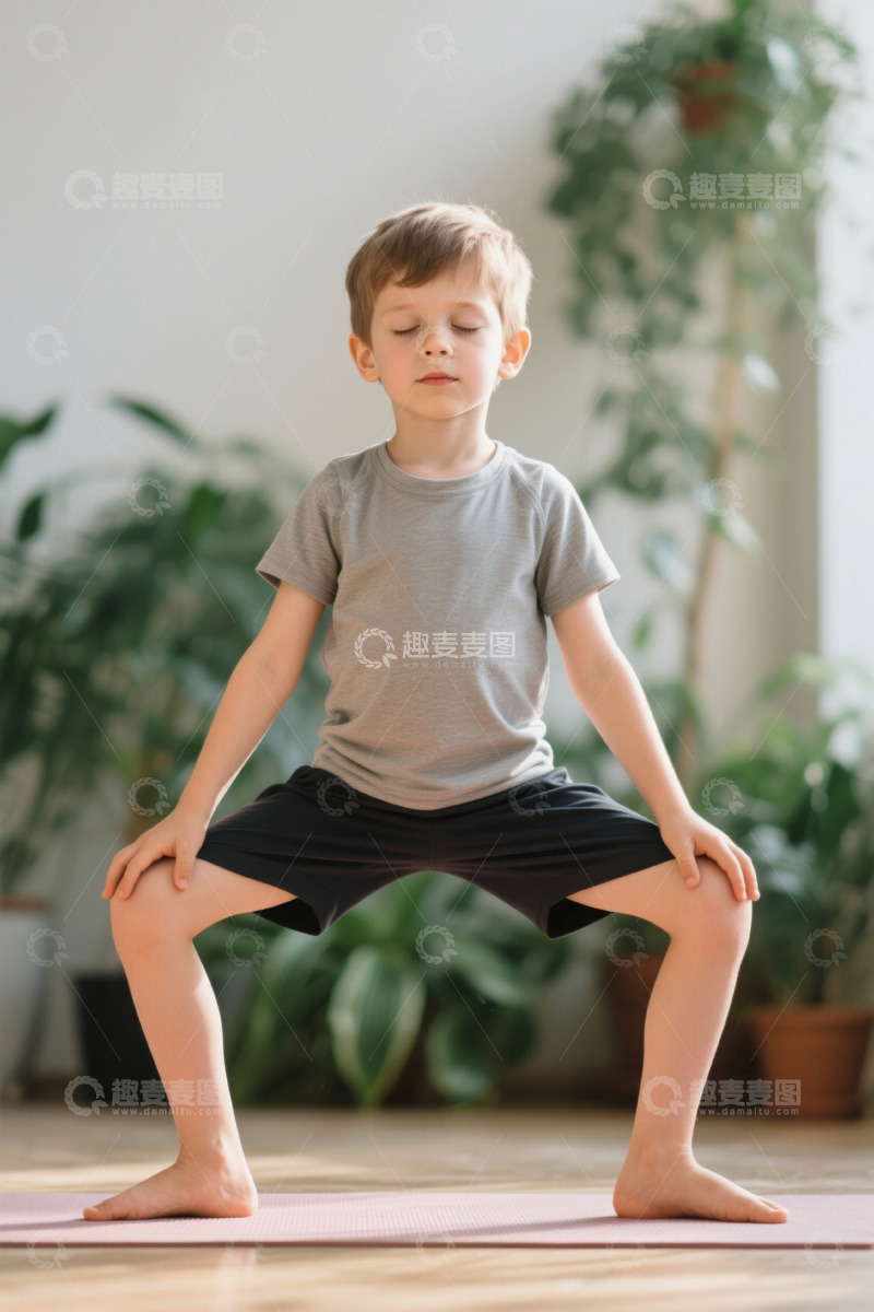 高清大图下载【趣麦麦图】男孩在家练习瑜伽动作