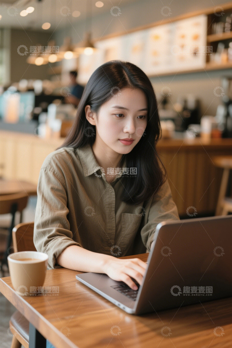 高清大图下载【趣麦麦图】咖啡馆里专注工作的年轻女子