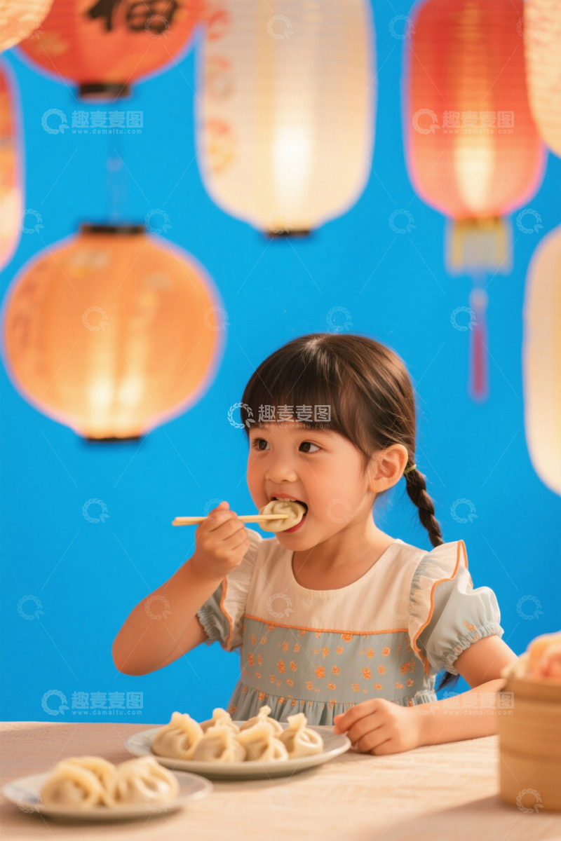 高清大图下载【趣麦麦图】女孩吃饺子灯笼背景