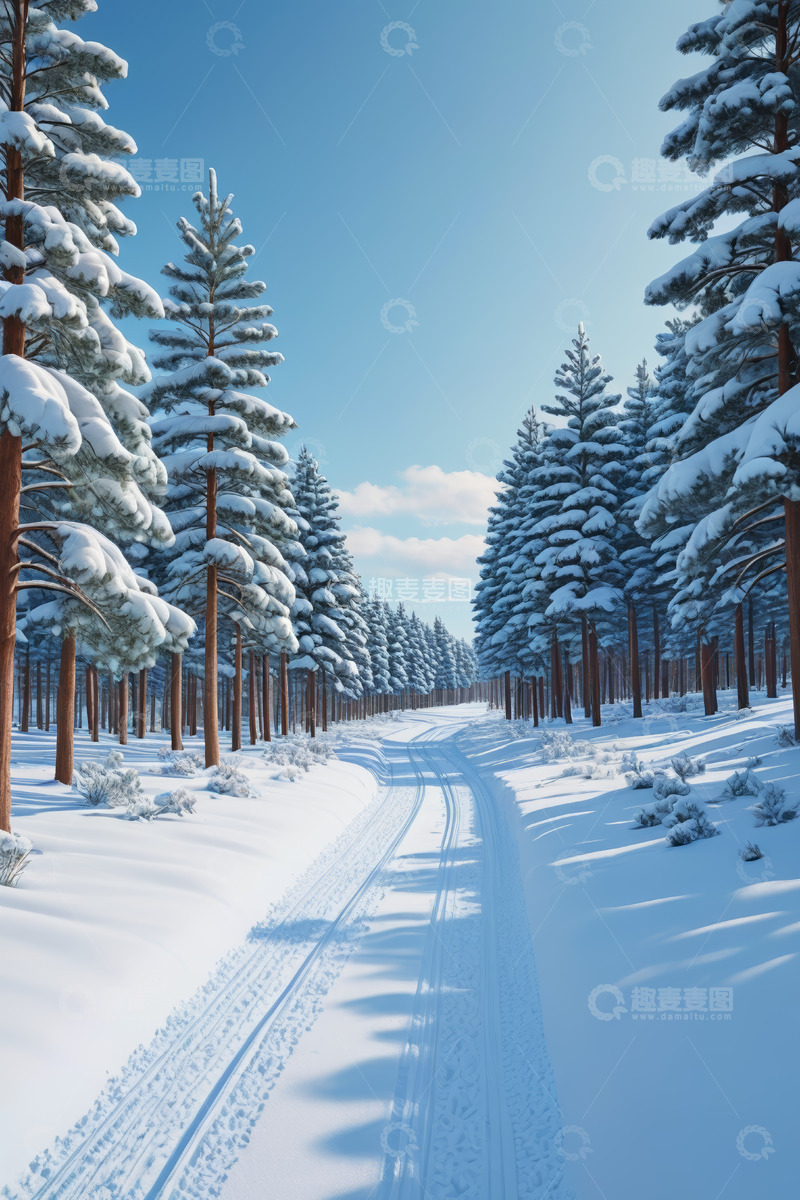 高清大图下载【趣麦麦图】冬日雪覆盖的松林道路景象