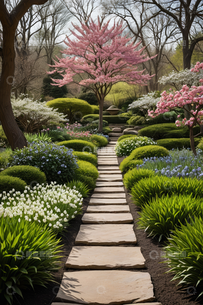 高清大图下载【趣麦麦图】花园中石板小径与多彩花卉景观