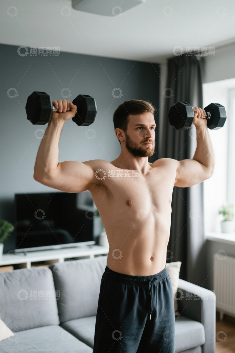 高清大图下载【趣麦麦图】健身房居家锻炼举哑铃的健壮男子