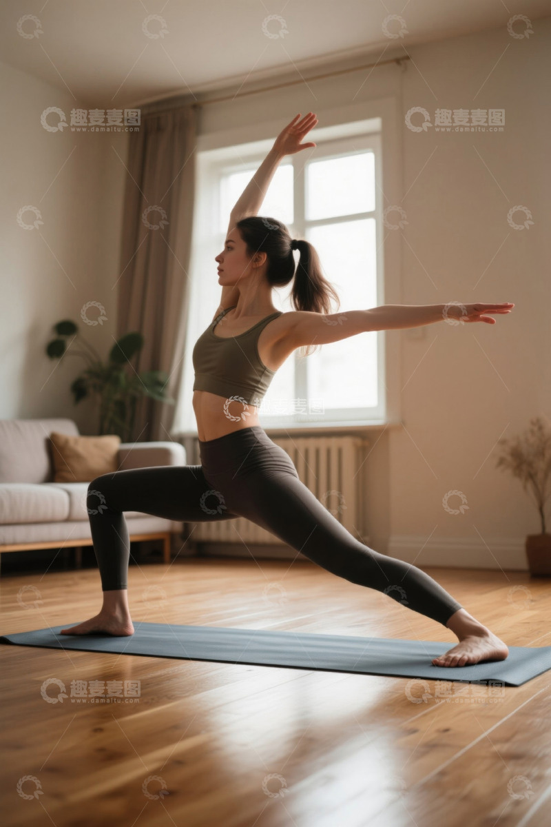 高清大图下载【趣麦麦图】女子在家中练习瑜伽体式