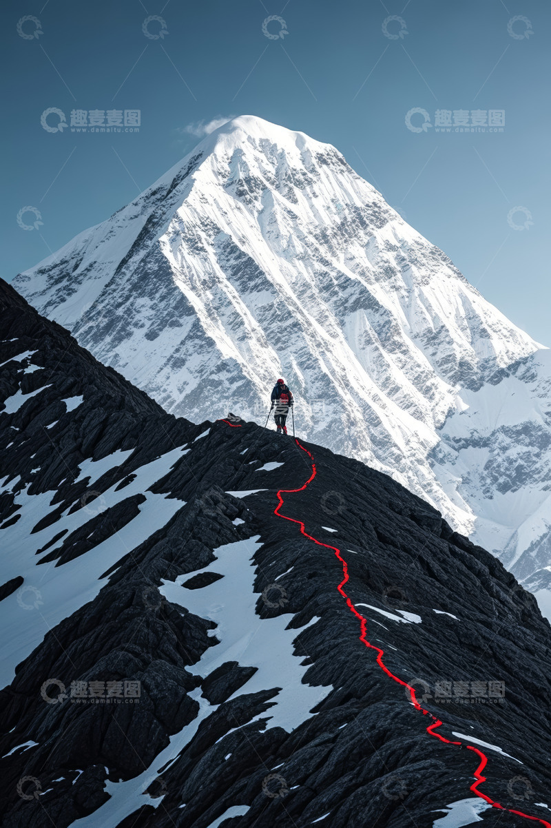 高清大图下载【趣麦麦图】登山者攀登雪山路径