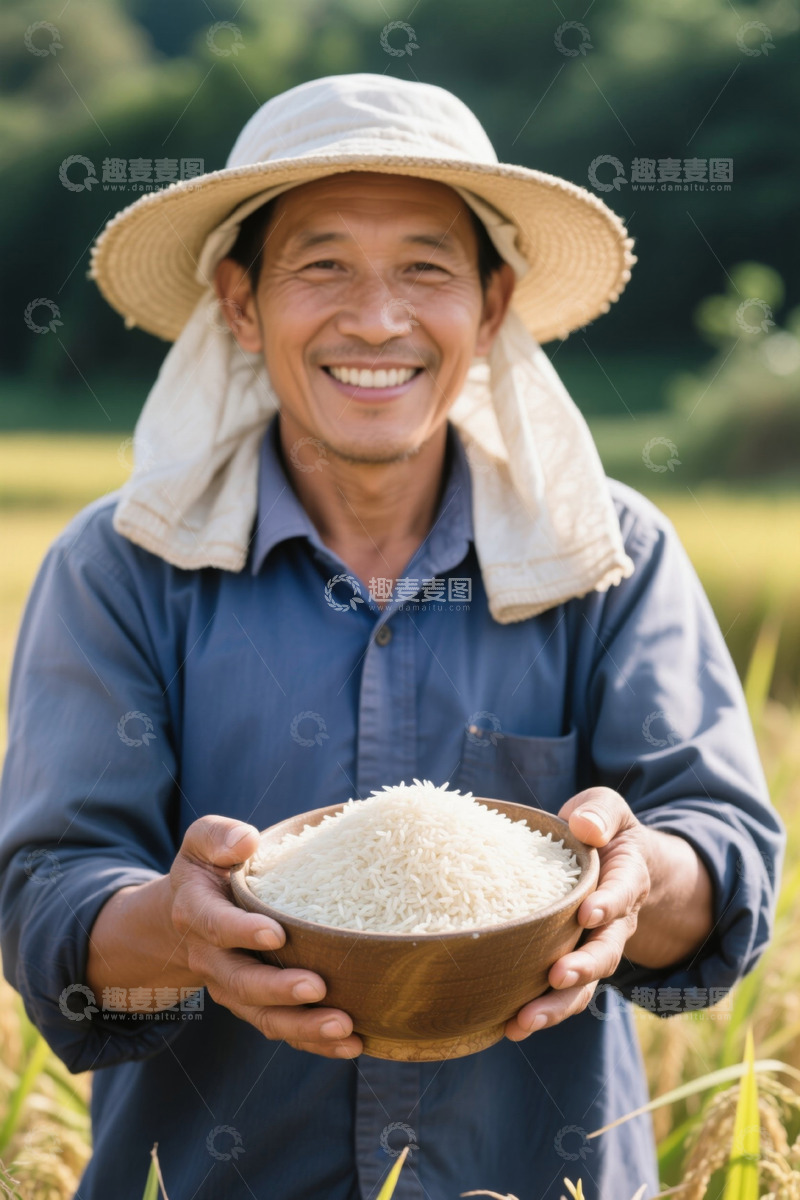 高清大图下载【趣麦麦图】农民收获稻米喜悦笑容