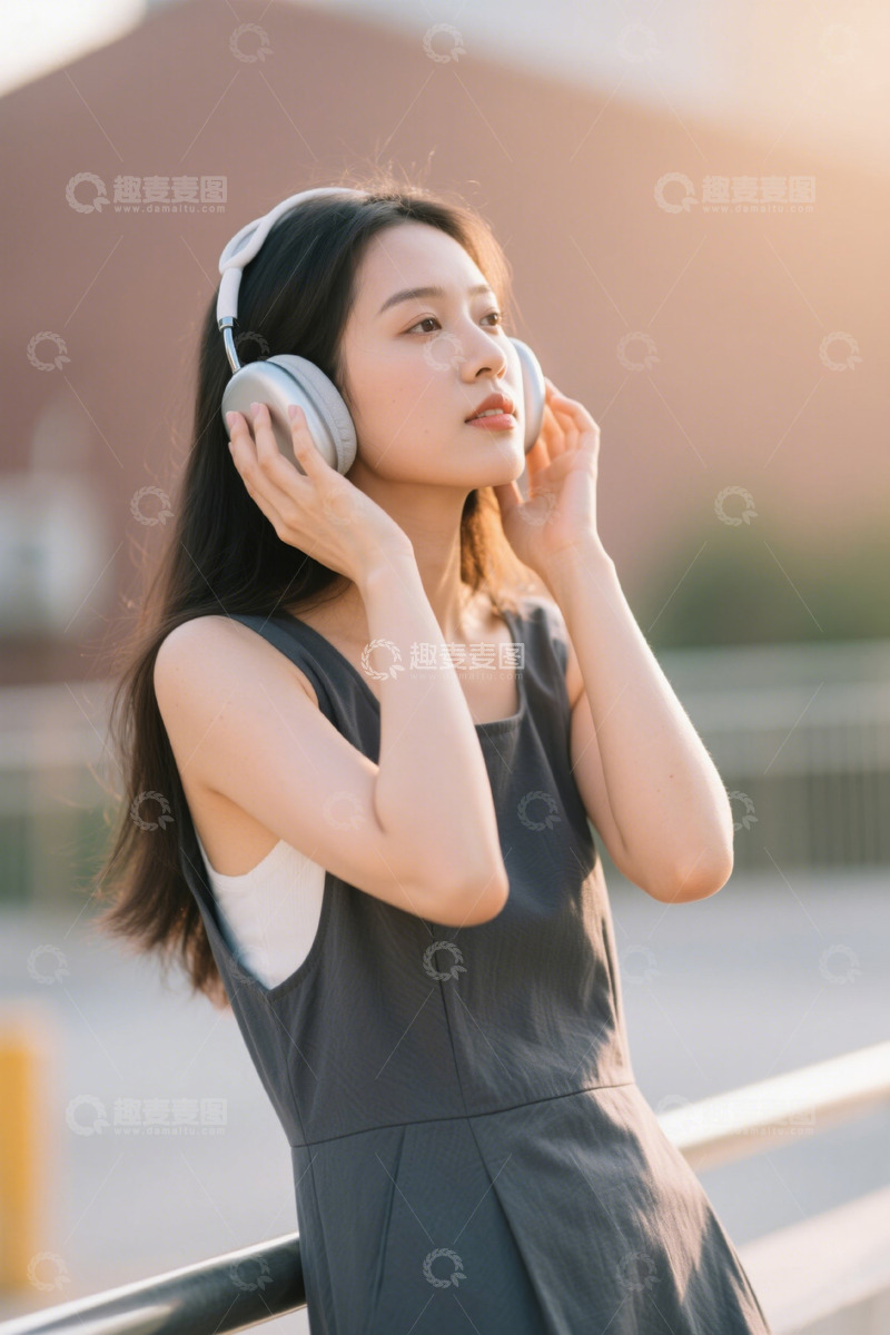 高清大图下载【趣麦麦图】女孩戴耳机聆听音乐享受阳光