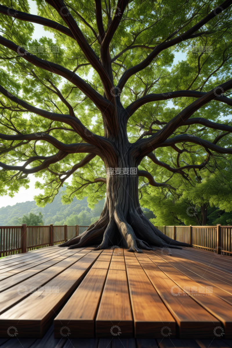 高清大图下载【趣麦麦图】木质平台上的茂盛大树