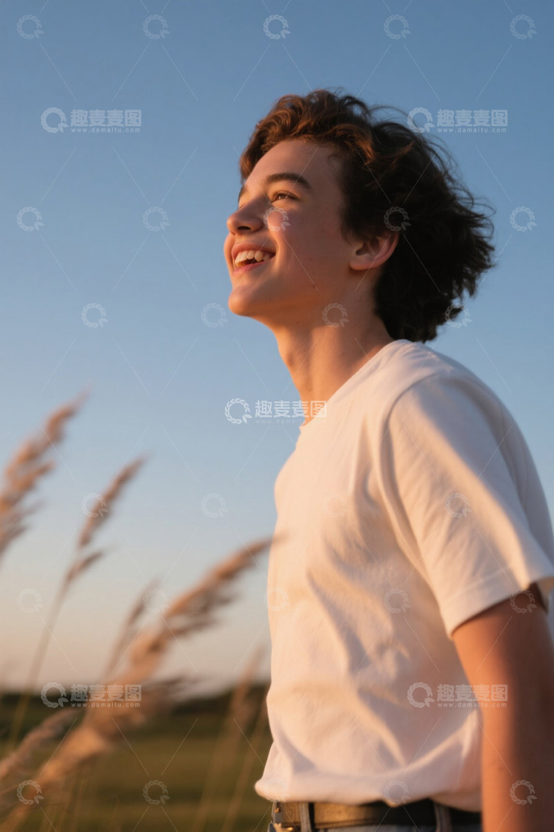 高清大图下载【趣麦麦图】少年笑容灿烂夕阳下