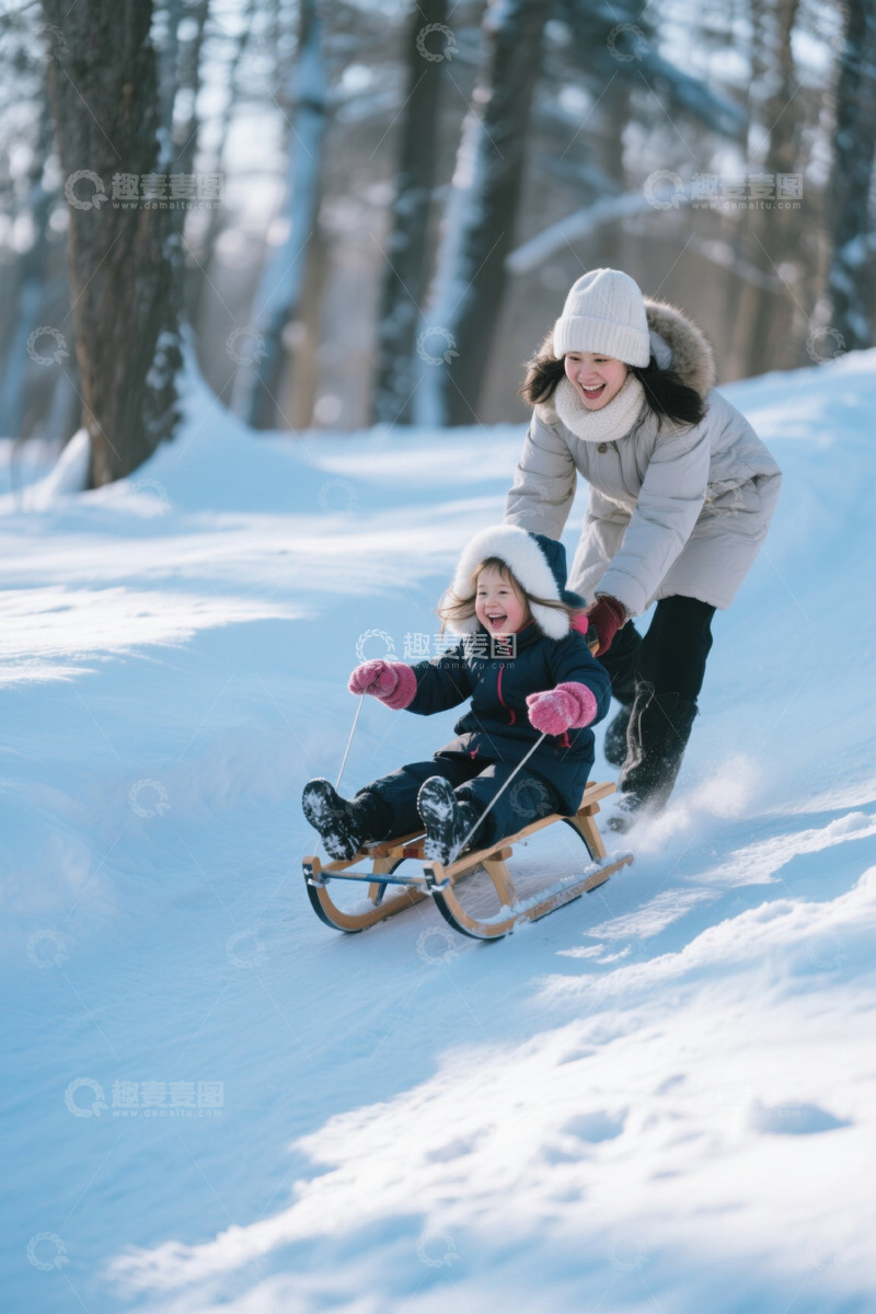 高清大图下载【趣麦麦图】冬日雪地母女玩雪橇快乐时光