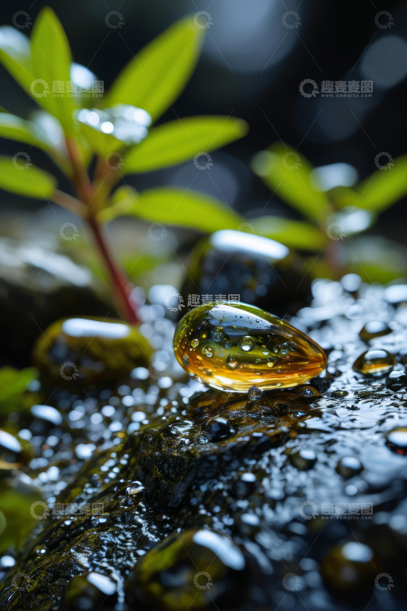 高清大图下载【趣麦麦图】岩石上的透明水珠与绿植