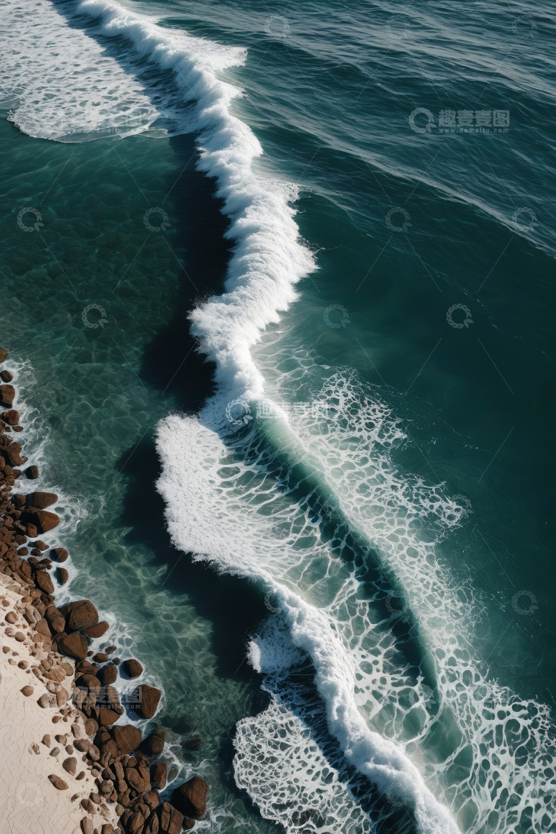 高清大图下载【趣麦麦图】俯瞰海浪拍打岸边礁石