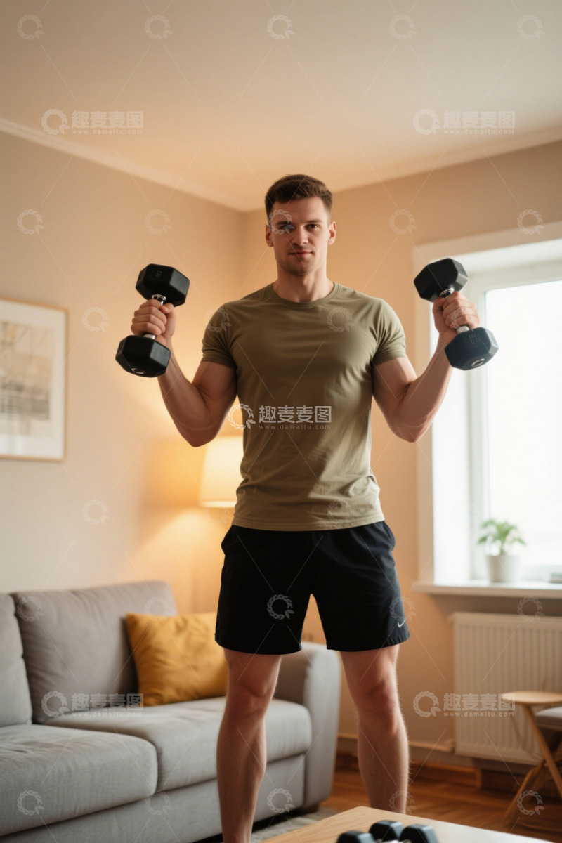 高清大图下载【趣麦麦图】居家健身男人举哑铃锻炼身体