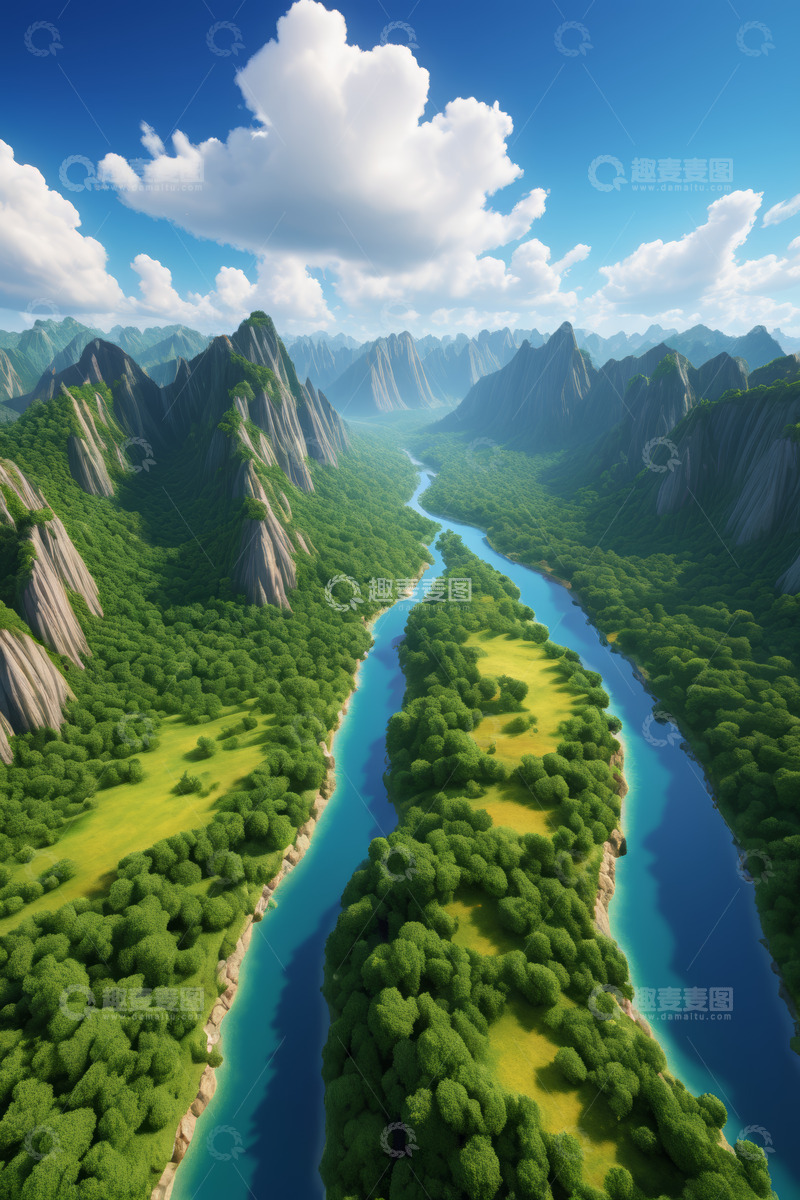 高清大图下载【趣麦麦图】山谷河流森林自然风光全景
