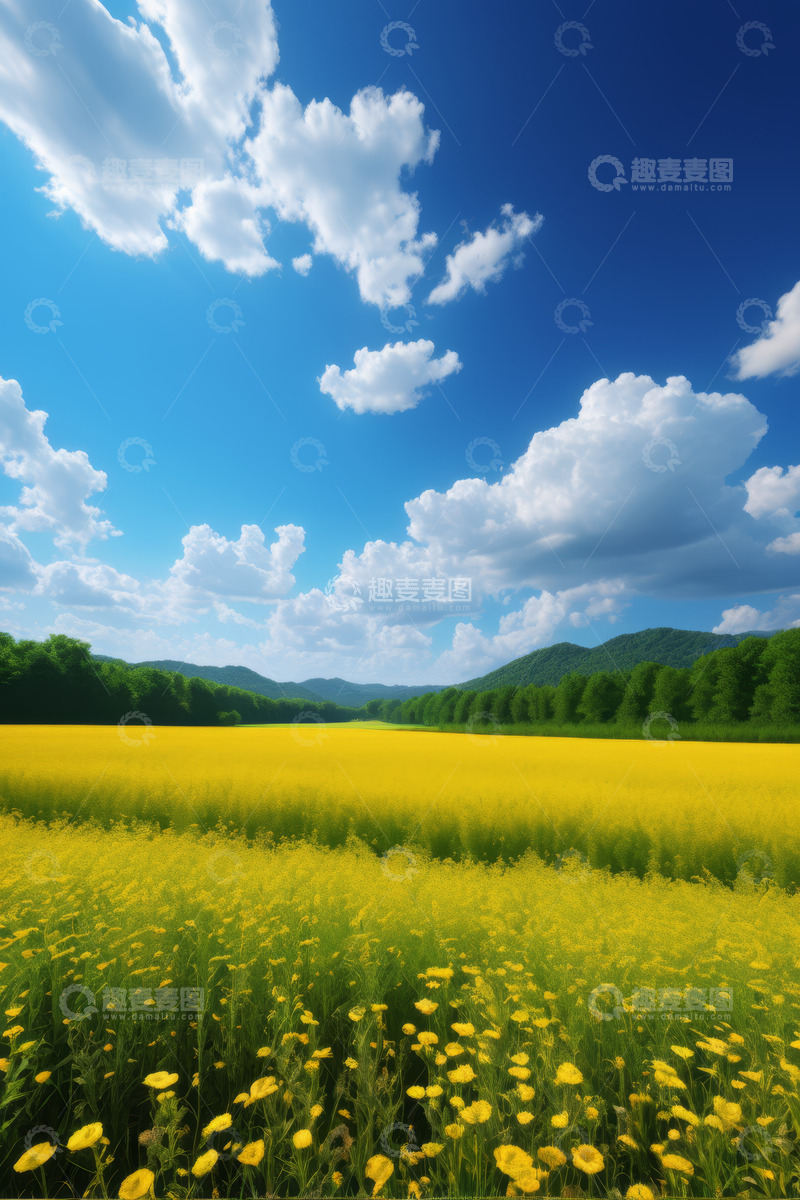 高清大图下载【趣麦麦图】蓝天白云下的黄色花海风景