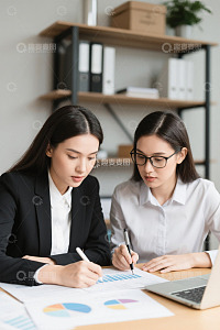 两位年轻女性在办公室认真工作