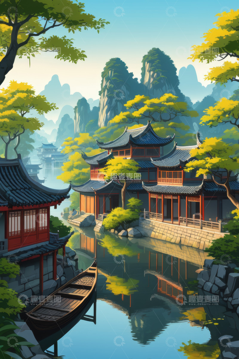 高清大图下载【趣麦麦图】中式古风山水庭院风景