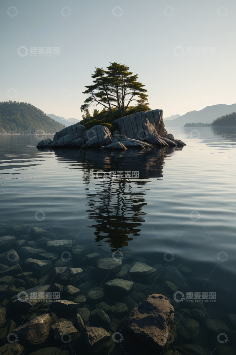 高清大图下载【趣麦麦图】湖心孤岩上的树木景观