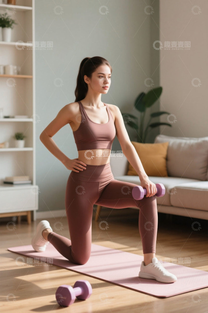 高清大图下载【趣麦麦图】居家健身女性瑜伽锻炼