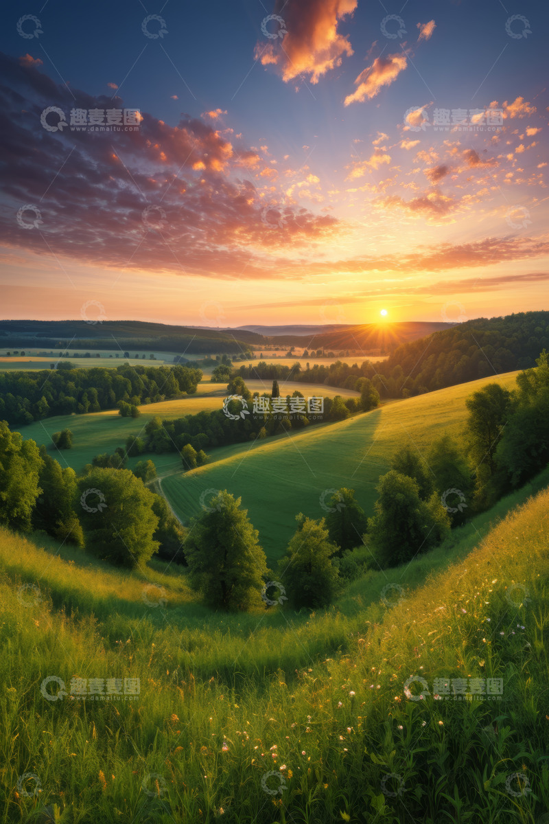 高清大图下载【趣麦麦图】田园风光日落全景