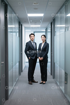 职场精英男女办公室走廊合照