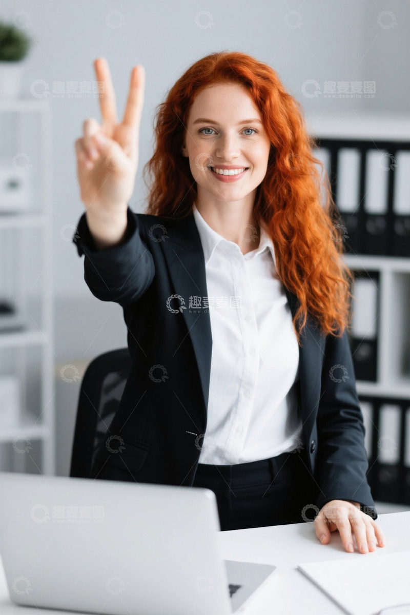 高清大图下载【趣麦麦图】红发女职员办公室胜利手势