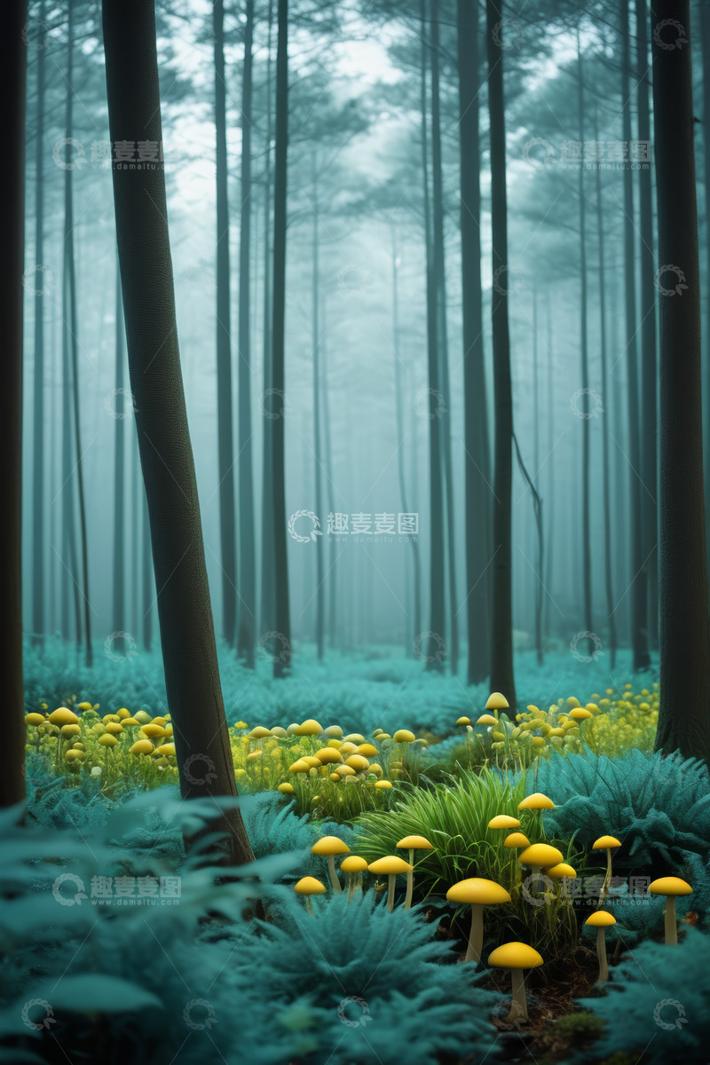 高清大图下载【趣麦麦图】森林中黄色蘑菇与绿色植被景观