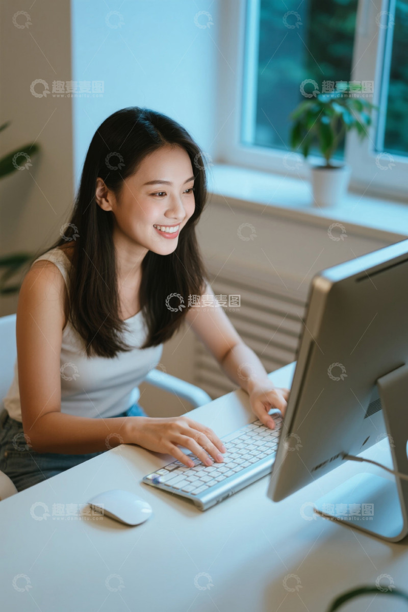 高清大图下载【趣麦麦图】年轻女子在家办公电脑前工作