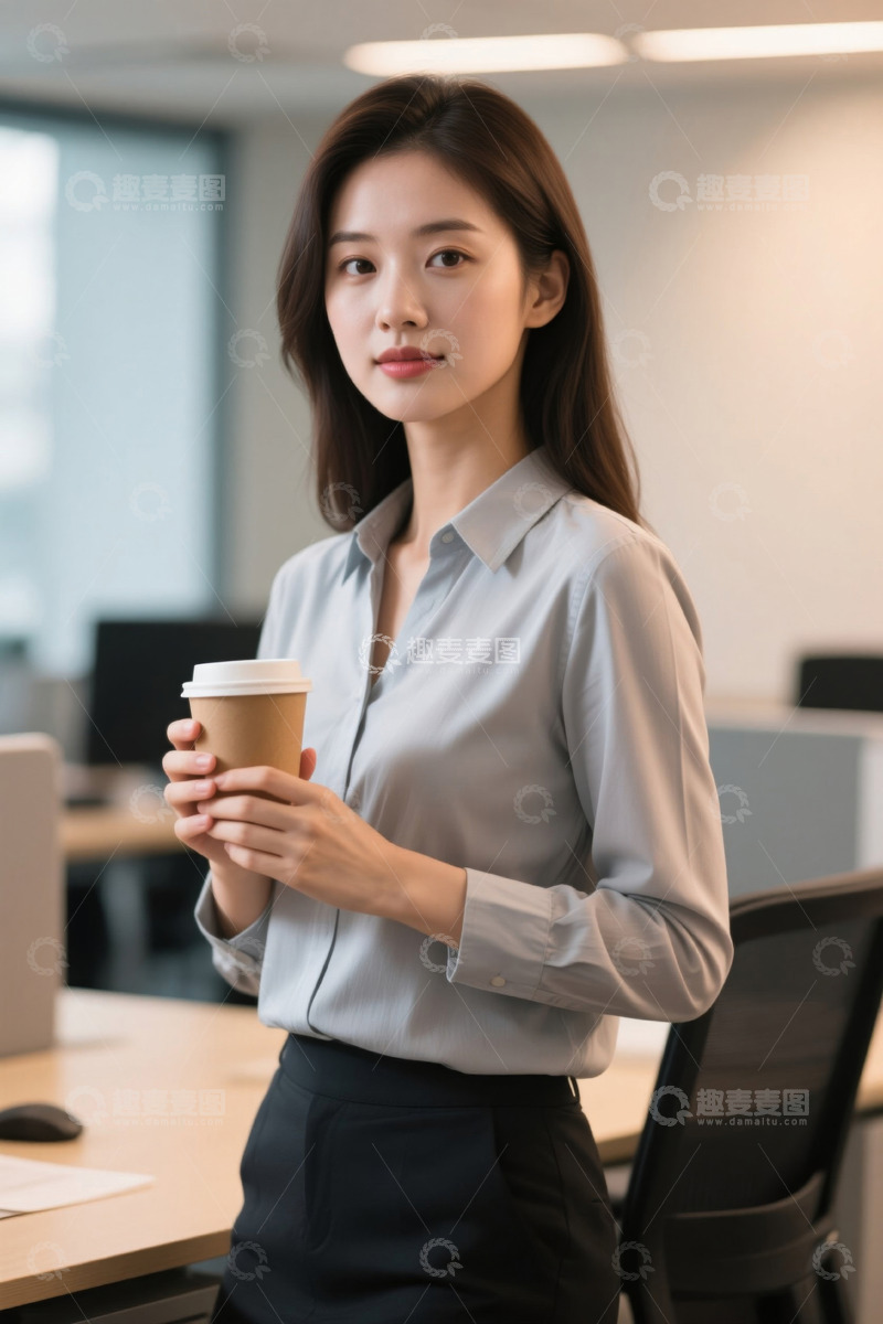 高清大图下载【趣麦麦图】职场女性手持咖啡自信微笑