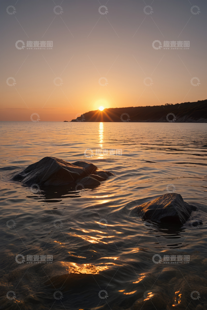 高清大图下载【趣麦麦图】海边日落时分海面礁石景象