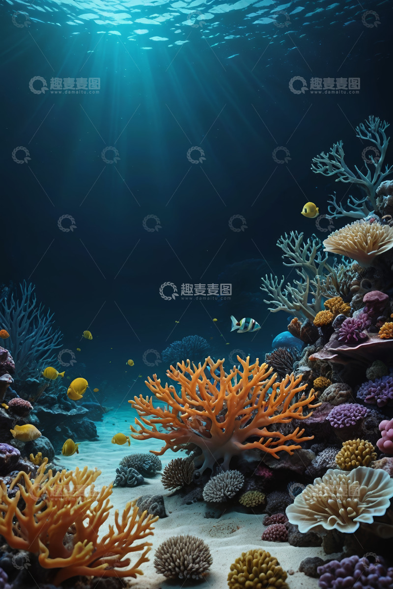高清大图下载【趣麦麦图】海底珊瑚与游动的鱼类景象