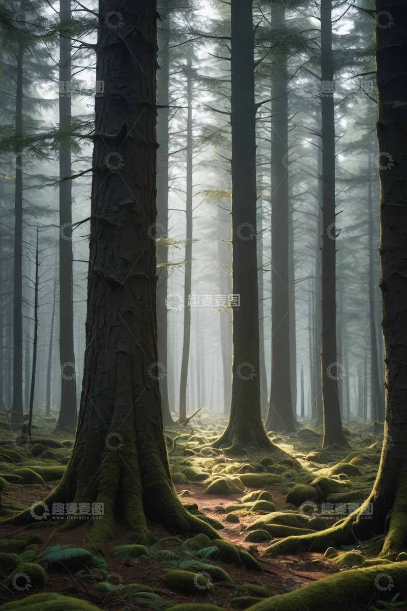 高清大图下载【趣麦麦图】阳光穿透迷雾的森林景象