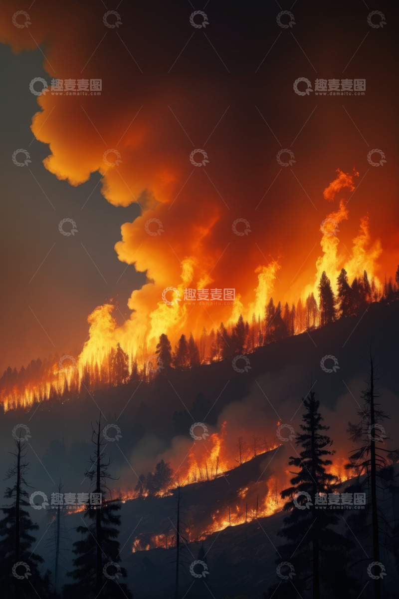 高清大图下载【趣麦麦图】山林中熊熊燃烧的森林火灾