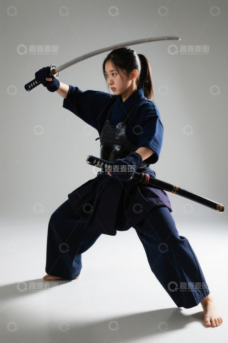 高清大图下载【趣麦麦图】年轻女子练习剑道挥舞武士刀