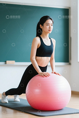 年轻女子瑜伽球健身运动