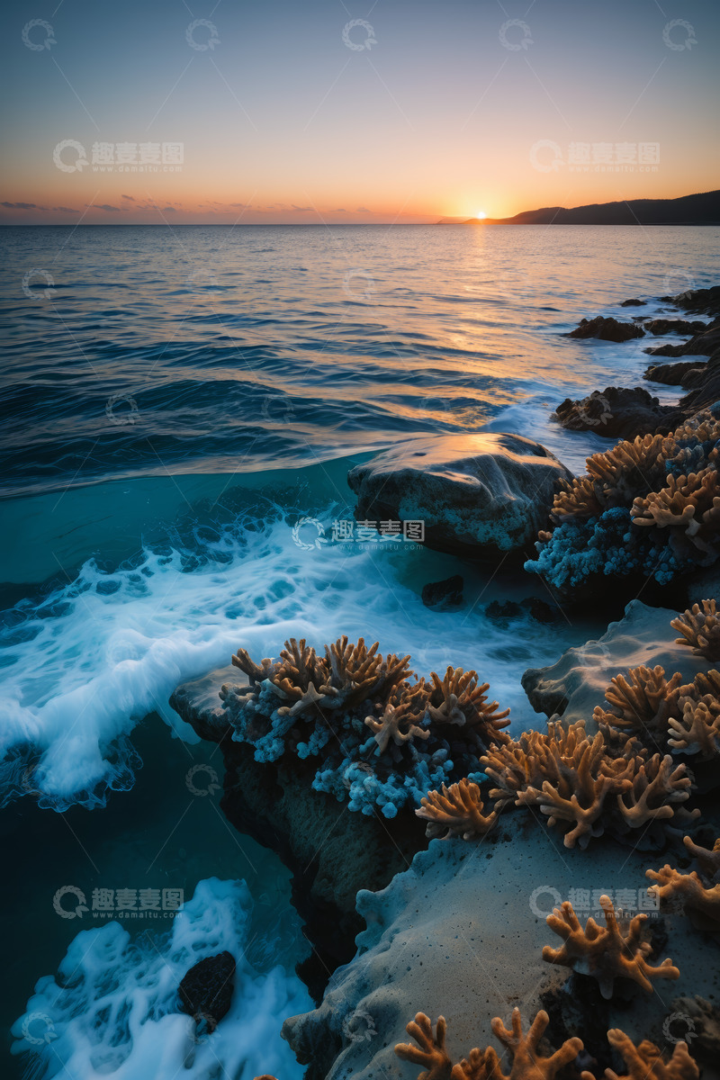 高清大图下载【趣麦麦图】海岸边日落时分海浪拍击礁石