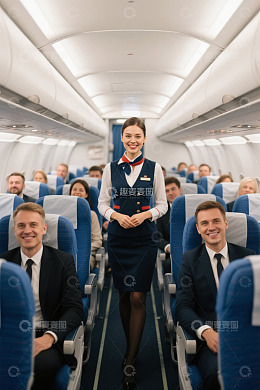 空姐走过飞机过道乘客微笑