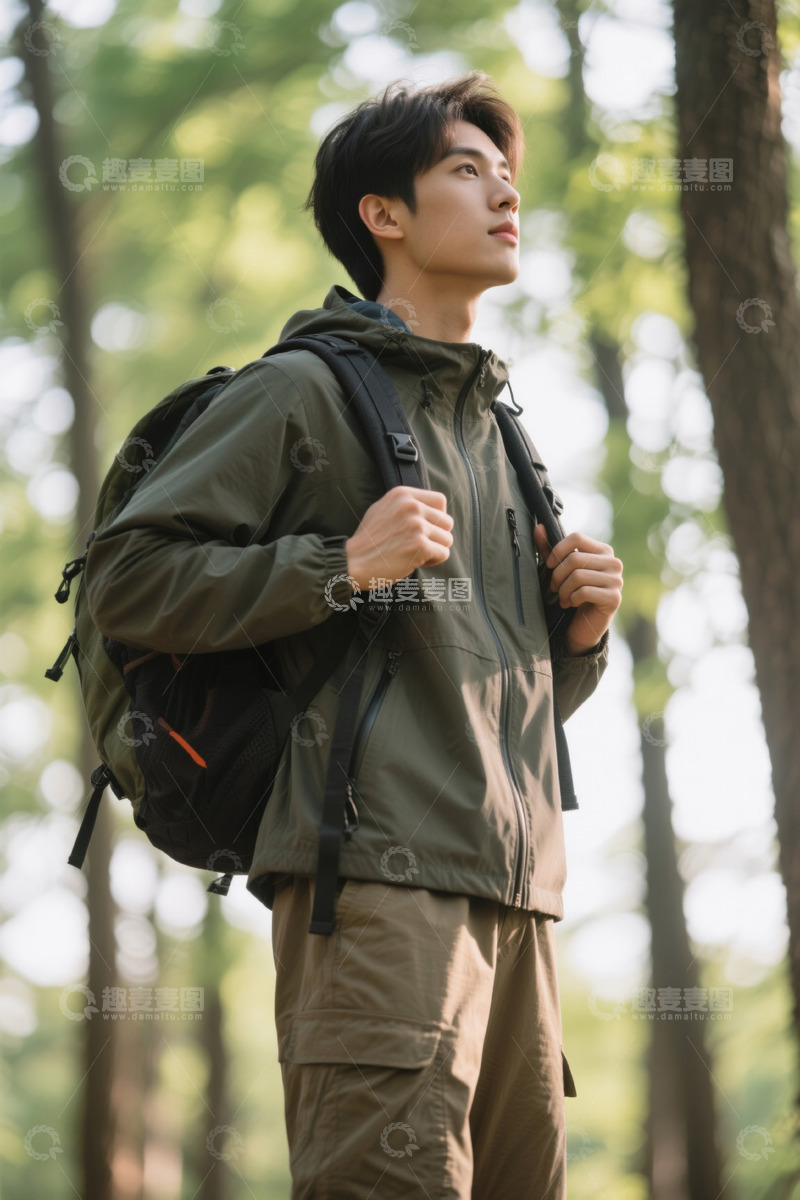 高清大图下载【趣麦麦图】青年男子森林远眺背包徒步