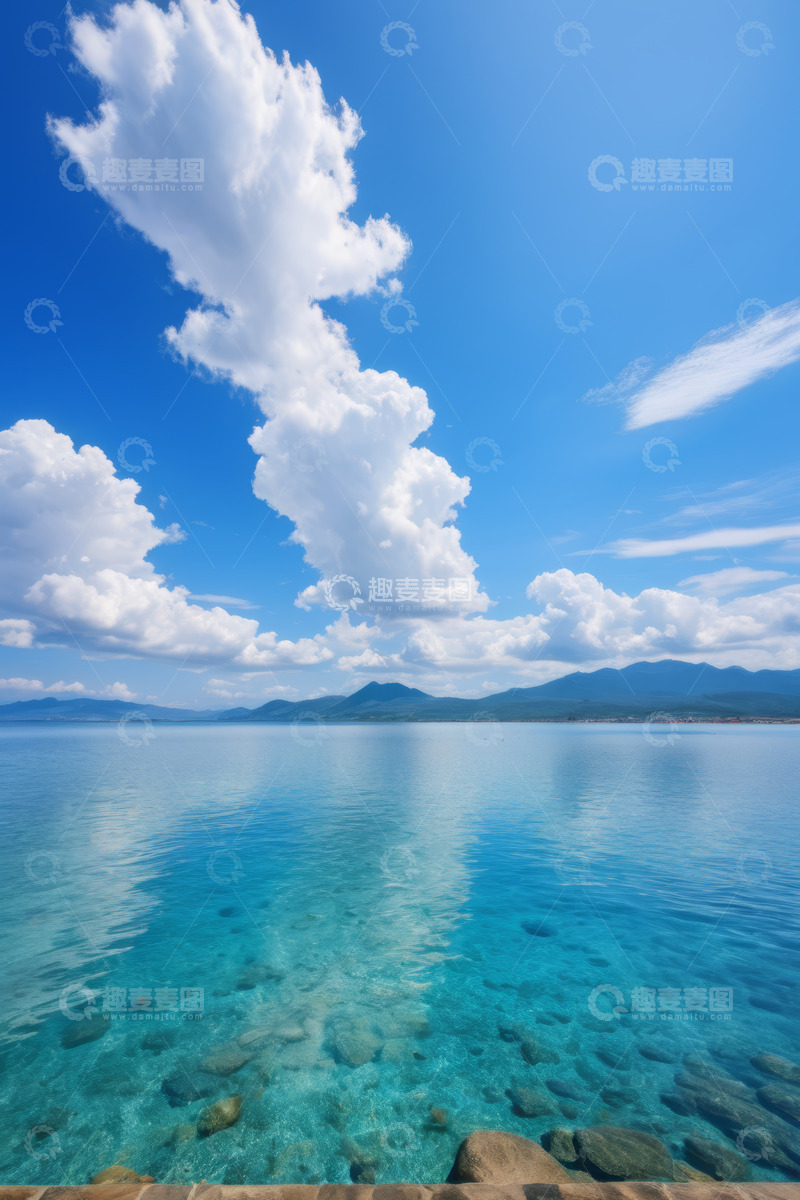 高清大图下载【趣麦麦图】蓝天白云下的清澈湖水景观