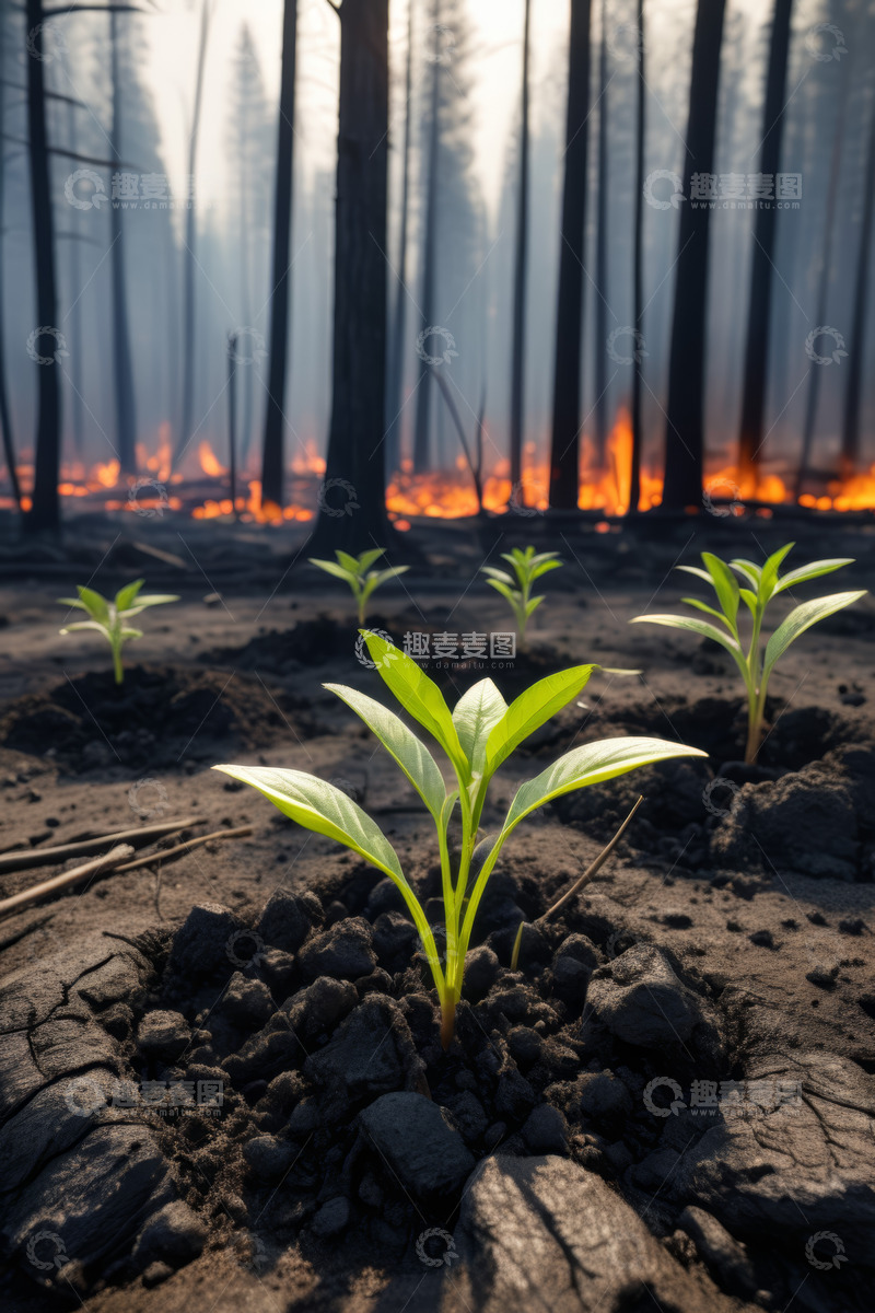 高清大图下载【趣麦麦图】森林火灾后新生幼苗景象