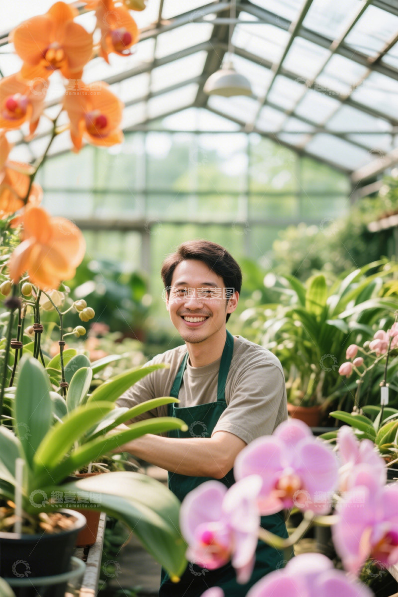 高清大图下载【趣麦麦图】温室里微笑的年轻园丁